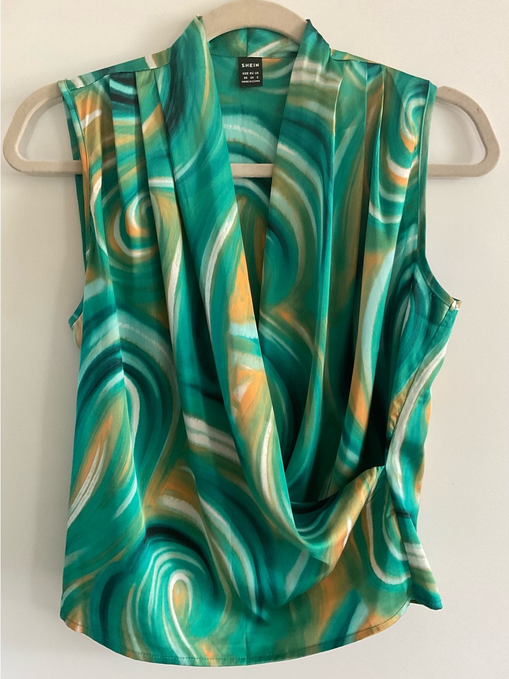 SHEIN Teal Swirl Drape Neck Sleeveless Top with Yellow Accents